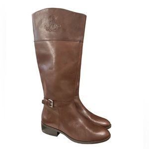 Lauren Ralph Lauren Madisen Leather Riding Boots Sz 7 Brown Embossed Monogram